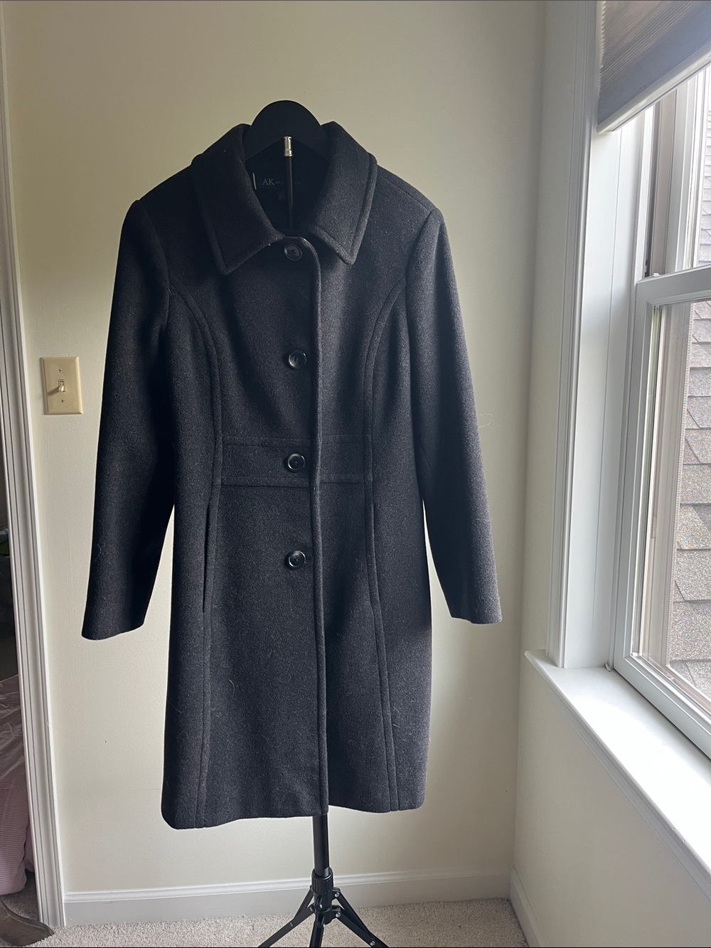 Anne Klein Black Classic Single-Breasted Wool Pea Coat